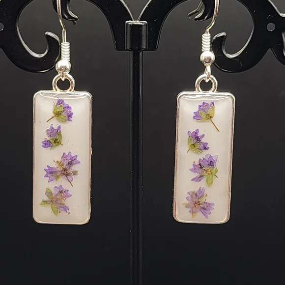 Real Pressed Purple Flower Rectangular Earrings - Picture 4 of 4